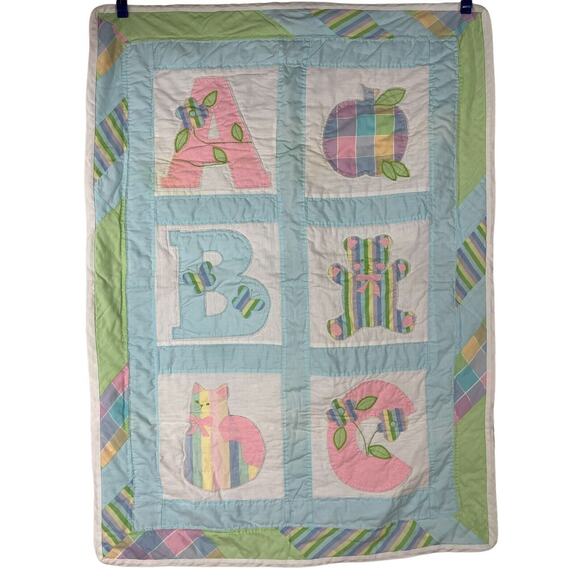 Vintage homemade ABC baby quilt nursery Apple Bear Cat Pink Blue Green - Picture 1 of 6